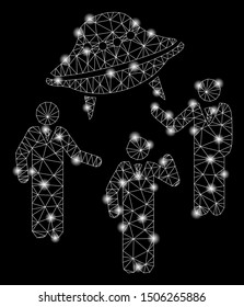 Glossy mesh UFO discussion with sparkle effect. Abstract illuminated model of UFO discussion icon. Shiny wire carcass triangular mesh UFO discussion. Vector abstraction on a black background.