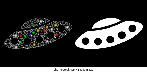 Glossy mesh UFO icon with glow effect. Abstract illuminated model of UFO. Shiny wire frame polygonal network UFO icon. Vector abstraction on a black background.