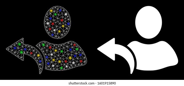 Glossy mesh undo icon with glare effect. Abstract illuminated model of undo. Shiny wire carcass triangular network undo icon. Vector abstraction on a black background.
