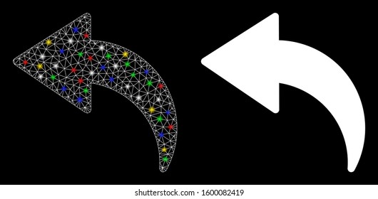 Glossy mesh undo icon with lightspot effect. Abstract illuminated model of undo. Shiny wire frame polygonal mesh undo icon. Vector abstraction on a black background.