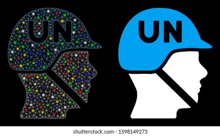 Glossy Mesh United Nations Soldier Helmet Icon With Lightspot Effect. Abstract Illuminated Model Of United Nations Soldier Helmet. Shiny Wire Carcass Polygonal Mesh United Nations Soldier Helmet Icon.