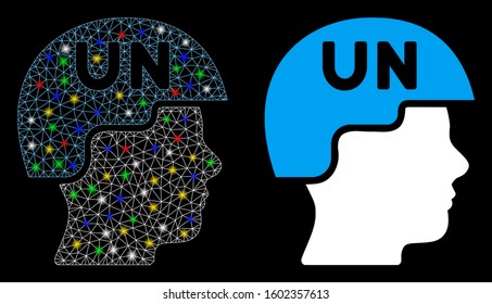 Glossy Mesh United Nations Soldier Helmet Icon With Lightspot Effect. Abstract Illuminated Model Of United Nations Soldier Helmet. Shiny Wire Frame Polygonal Mesh United Nations Soldier Helmet Icon.