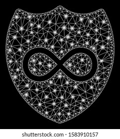 Glossy mesh unlimited shield with glare effect. Abstract illuminated model of unlimited shield icon. Shiny wire frame triangular mesh unlimited shield. Vector abstraction on a black background.