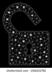 Glossy mesh unlock with glow effect. Abstract illuminated model of unlock icon. Shiny wire carcass triangular mesh unlock. Vector abstraction on a black background.