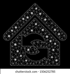 Glossy mesh update building with lightspot effect. Abstract illuminated model of update building icon. Shiny wire carcass triangular mesh update building. Vector abstraction on a black background.