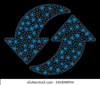 Glossy mesh update with glare effect. Abstract illuminated model of update icon. Shiny wire frame polygonal mesh update. Vector abstraction on a black background.