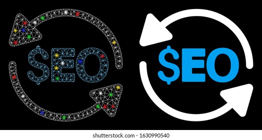 Glossy mesh update seo icon with sparkle effect. Abstract illuminated model of update seo. Shiny wire carcass polygonal mesh update seo icon. Vector abstraction on a black background.