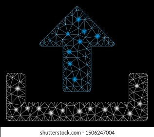 Glossy mesh upload container with glare effect. Abstract illuminated model of upload container icon. Shiny wire carcass polygonal mesh upload container. Vector abstraction on a black background.