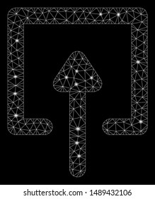 Glossy mesh upload with glitter effect. Abstract illuminated model of upload icon. Shiny wire carcass polygonal mesh upload. Vector abstraction on a black background.