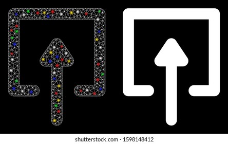 Glossy mesh upload icon with glitter effect. Abstract illuminated model of upload. Shiny wire frame polygonal mesh upload icon. Vector abstraction on a black background.