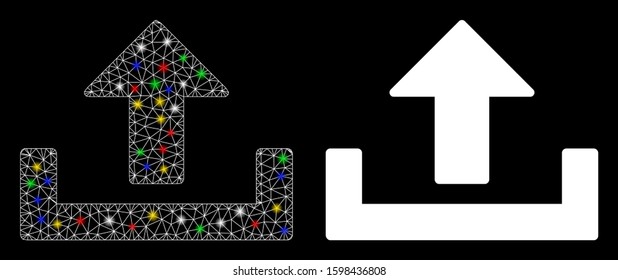 Glossy mesh upload icon with sparkle effect. Abstract illuminated model of upload. Shiny wire frame polygonal mesh upload icon. Vector abstraction on a black background.