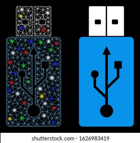 Glossy mesh USB flash drive icon with glare effect. Abstract illuminated model of USB flash drive. Shiny wire carcass polygonal network USB flash drive icon. Vector abstraction on a black background.