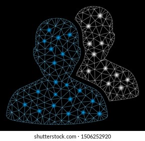 Glossy mesh user accounts with lightspot effect. Abstract illuminated model of user accounts icon. Shiny wire carcass triangular mesh user accounts. Vector abstraction on a black background.