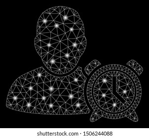Glossy mesh user alarm clock with lightspot effect. Abstract illuminated model of user alarm clock icon. Shiny wire frame triangular mesh user alarm clock. Vector abstraction on a black background.