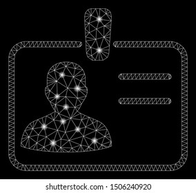 Glossy mesh user badge with glitter effect. Abstract illuminated model of user badge icon. Shiny wire carcass polygonal mesh user badge. Vector abstraction on a black background.