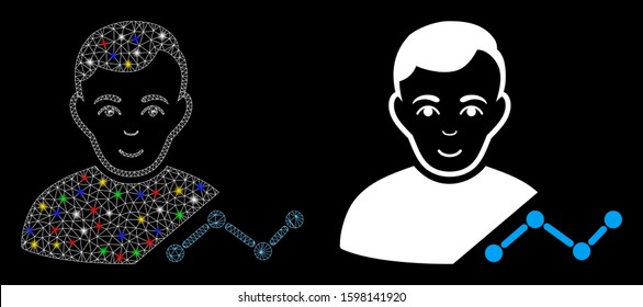Glossy mesh user chart icon with sparkle effect. Abstract illuminated model of user chart. Shiny wire carcass polygonal mesh user chart icon. Vector abstraction on a black background.