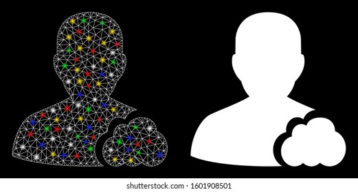 Glossy mesh user cloud icon with glare effect. Abstract illuminated model of user cloud. Shiny wire carcass polygonal network user cloud icon. Vector abstraction on a black background.