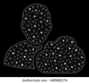 Glossy mesh user cloud with lightspot effect. Abstract illuminated model of user cloud icon. Shiny wire carcass triangular mesh user cloud. Vector abstraction on a black background.