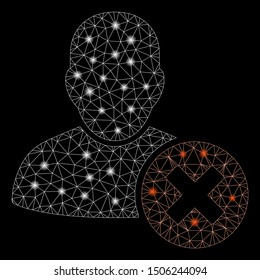 Glossy mesh user delete with glare effect. Abstract illuminated model of user delete icon. Shiny wire frame polygonal mesh user delete. Vector abstraction on a black background.