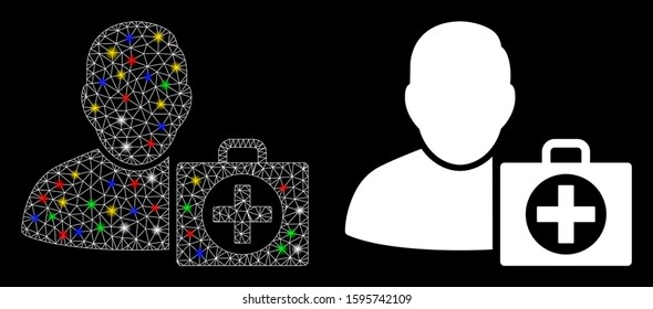 Glossy mesh user first aid icon with glow effect. Abstract illuminated model of user first aid. Shiny wire carcass triangular mesh user first aid icon. Vector abstraction on a black background.