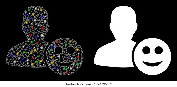 Glossy mesh user glad smiley icon with sparkle effect. Abstract illuminated model of user glad smiley. Shiny wire frame polygonal mesh user glad smiley icon. Vector abstraction on a black background.