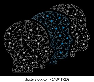 Glossy mesh user group with glitter effect. Abstract illuminated model of user group icon. Shiny wire carcass polygonal mesh user group. Vector abstraction on a black background.