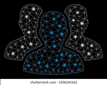 Glossy mesh user group with glow effect. Abstract illuminated model of user group icon. Shiny wire frame triangular mesh user group. Vector abstraction on a black background.