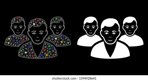 Glossy mesh user group icon with glow effect. Abstract illuminated model of user group. Shiny wire frame polygonal mesh user group icon. Vector abstraction on a black background.