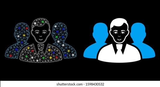 Glossy mesh user group icon with glare effect. Abstract illuminated model of user group. Shiny wire frame polygonal mesh user group icon. Vector abstraction on a black background.