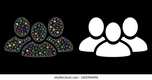Glossy mesh user group icon with lightspot effect. Abstract illuminated model of user group. Shiny wire carcass triangular mesh user group icon. Vector abstraction on a black background.