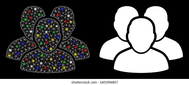 Glossy mesh user group icon with sparkle effect. Abstract illuminated model of user group. Shiny wire carcass polygonal mesh user group icon. Vector abstraction on a black background.