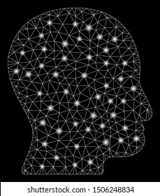 Glossy mesh user head with glow effect. Abstract illuminated model of user head icon. Shiny wire frame triangular mesh user head. Vector abstraction on a black background.