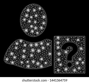 Glossy mesh user helpbook with glare effect. Abstract illuminated model of user helpbook icon. Shiny wire frame polygonal mesh user helpbook. Vector abstraction on a black background.