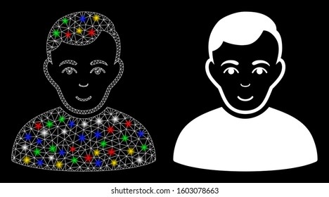 Glossy mesh user icon with glow effect. Abstract illuminated model of user. Shiny wire carcass triangular mesh user icon. Vector abstraction on a black background.