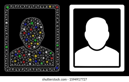 Glossy mesh user image icon with sparkle effect. Abstract illuminated model of user image. Shiny wire carcass triangular mesh user image icon. Vector abstraction on a black background.
