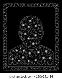 Glossy mesh user image with lightspot effect. Abstract illuminated model of user image icon. Shiny wire frame polygonal mesh user image. Vector abstraction on a black background.