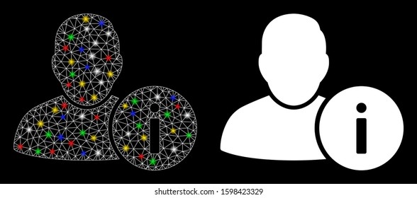 Glossy mesh user info icon with sparkle effect. Abstract illuminated model of user info. Shiny wire carcass polygonal mesh user info icon. Vector abstraction on a black background.