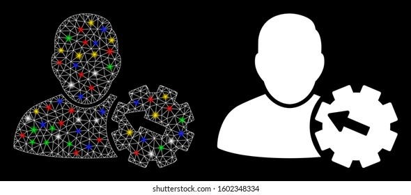Glossy mesh user integration gear icon with glow effect. Abstract illuminated model of user integration gear. Shiny wire carcass triangular mesh user integration gear icon.