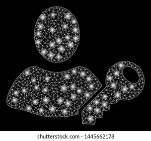 Glossy mesh user key with glare effect. Abstract illuminated model of user key icon. Shiny wire carcass polygonal network user key. Vector abstraction on a black background.