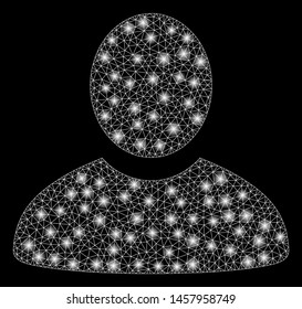 Glossy mesh user with lightspot effect. Abstract illuminated model of user icon. Shiny wire frame polygonal mesh user. Vector abstraction on a black background.