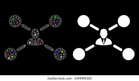 Glossy mesh user links icon with glare effect. Abstract illuminated model of user links. Shiny wire carcass polygonal mesh user links icon. Vector abstraction on a black background.