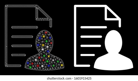 Glossy mesh user list page icon with glow effect. Abstract illuminated model of user list page. Shiny wire carcass triangular network user list page icon. Vector abstraction on a black background.