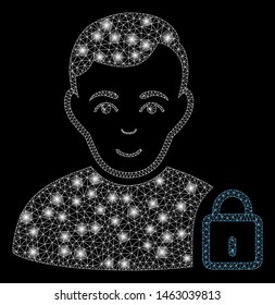 Glossy mesh user lock with sparkle effect. Abstract illuminated model of user lock icon. Shiny wire frame triangular mesh user lock. Vector abstraction on a black background.
