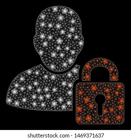 Glossy mesh user locked with glitter effect. Abstract illuminated model of user locked icon. Shiny wire carcass polygonal network user locked. Vector abstraction on a black background.