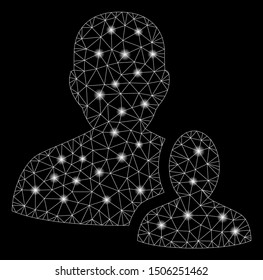 Glossy mesh user manager with sparkle effect. Abstract illuminated model of user manager icon. Shiny wire carcass triangular mesh user manager. Vector abstraction on a black background.