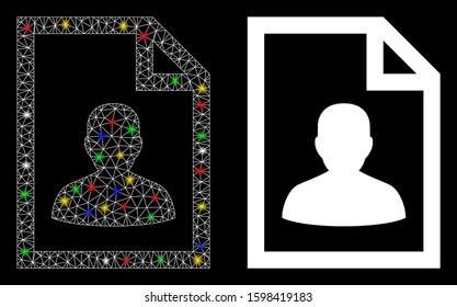 Glossy mesh user page icon with glitter effect. Abstract illuminated model of user page. Shiny wire frame polygonal network user page icon. Vector abstraction on a black background.