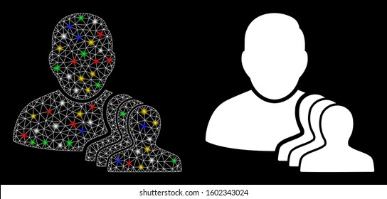 Glossy mesh user pawns icon with sparkle effect. Abstract illuminated model of user pawns. Shiny wire carcass polygonal mesh user pawns icon. Vector abstraction on a black background.