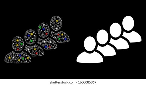 Glossy mesh user queue icon with glow effect. Abstract illuminated model of user queue. Shiny wire carcass triangular mesh user queue icon. Vector abstraction on a black background.