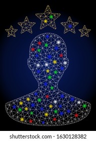 Glossy mesh user rating with sparkle effect. Abstract illuminated model of user rating. Shiny wire carcass polygonal network user rating icon. Vector abstraction on a dark blue gradient background.
