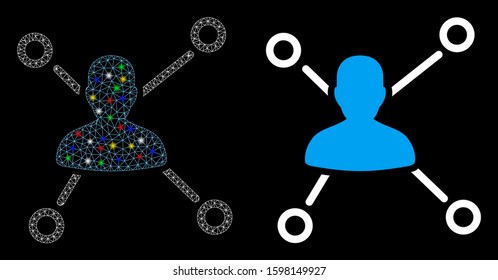 Glossy mesh user relations icon with glare effect. Abstract illuminated model of user relations. Shiny wire carcass polygonal mesh user relations icon. Vector abstraction on a black background.